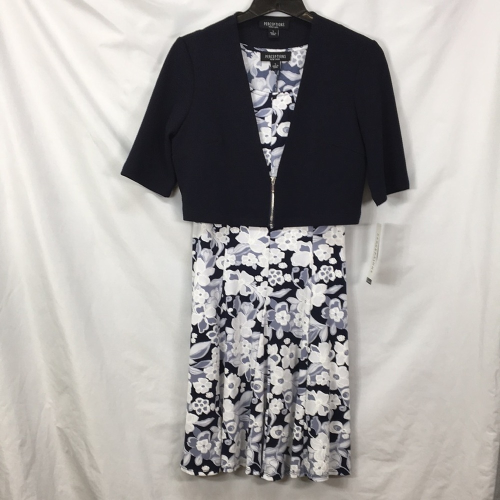 Perceptions Two Piece Navy Blue Jacket Floral Sleeveless Dress Size S NWT